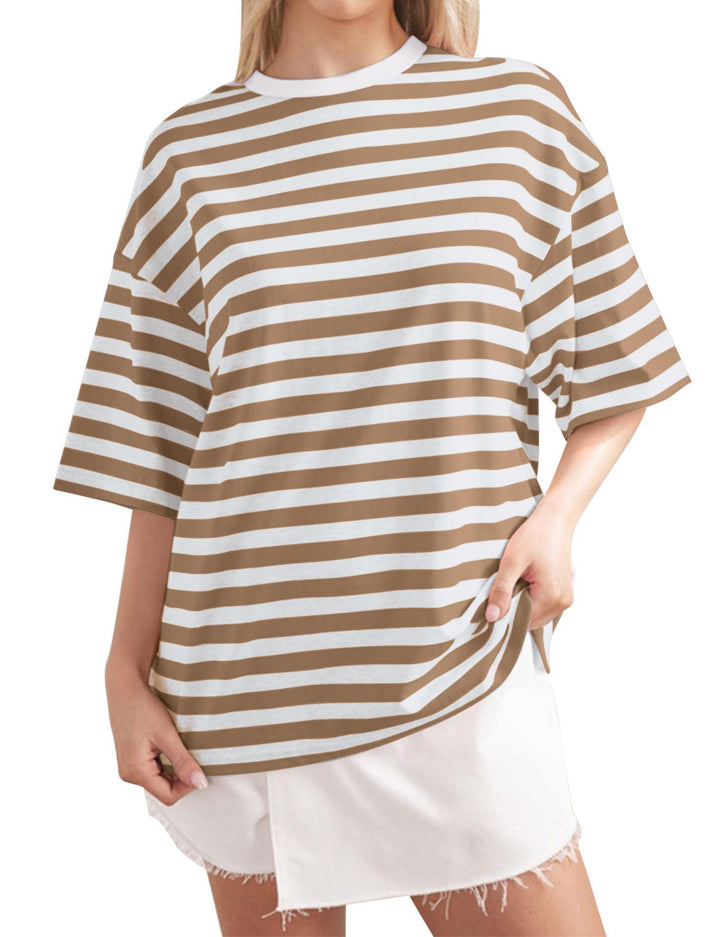 Damen Oversized gestreiftes T-Shirt mit Rundhalsausschnitt und kurzen Ärmeln Drune
