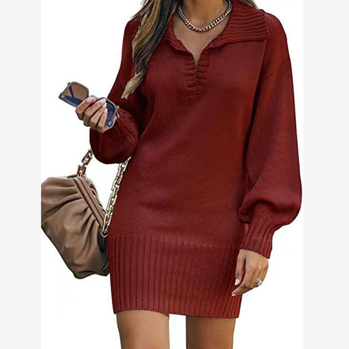 Damen nan schulterfreies Strickminikleid mit weitem V-Ausschnitt und Rippbund Drune