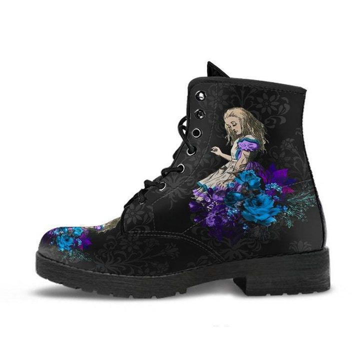 Damen nan modische knöchelhohe Schnür-Bikerboots mit auffälligem Totenkopf-Rosen-Print und robuster Profilsohle Drune