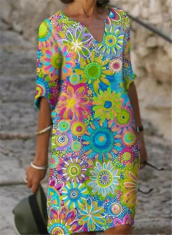 Damen lässiges Freizeitkleid mit floralen Mustern und V-Ausschnitt Drune