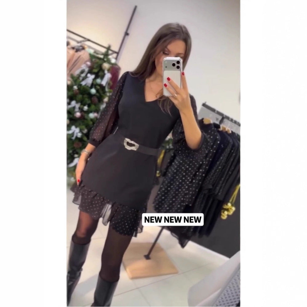 Damen elegantes Kleid mit transparenten Puffärmeln und schließendem Gürtel Drune