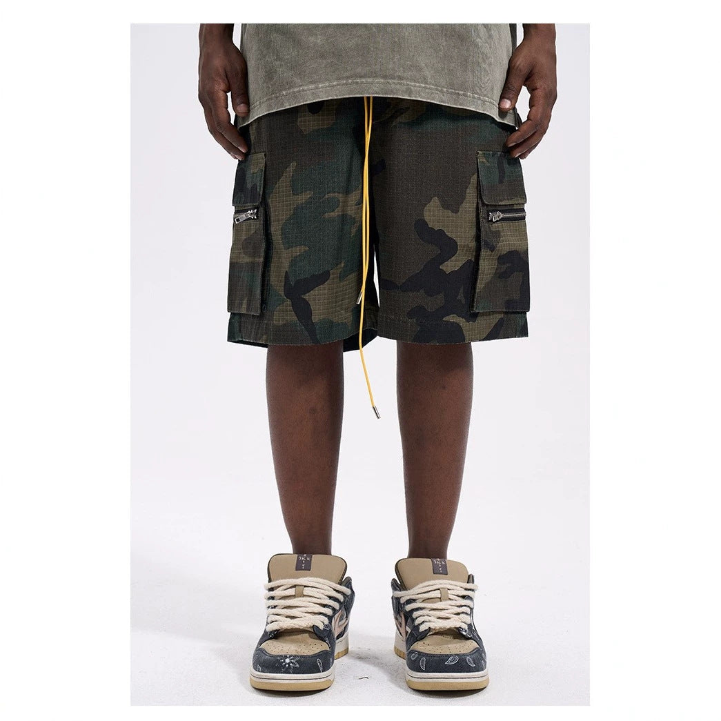 Herren nan Cargo-Shorts im Camouflage-Ripstop mit Elastikbund, Tunnelzug und Reißverschlusstaschen Drune