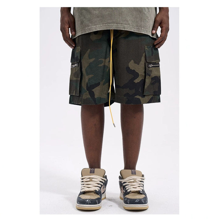 Herren nan Cargo-Shorts im Camouflage-Ripstop mit Elastikbund, Tunnelzug und Reißverschlusstaschen Drune