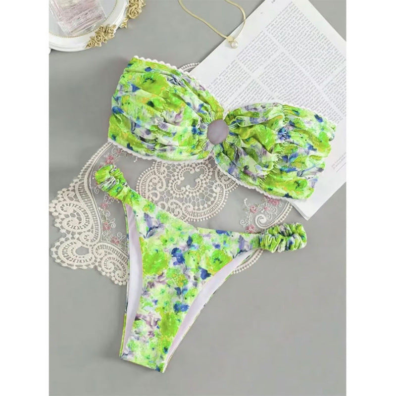 Damen Bandeau-Bikini mit romantischem Rüschendesign und verführerischem Blumenmuster Drune