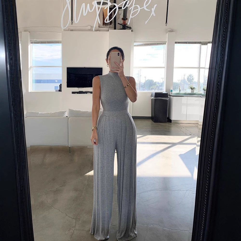 Damen Eleganter Jumpsuit mit hochgeschlossenem Design und weiten Beinen Drune