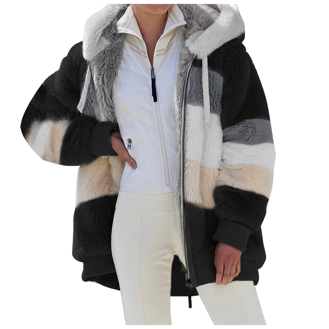 Damen nan oversized Kunstfelljacke mit Kapuze, Blockstreifen-Optik und zweifachem Reißverschluss Drune