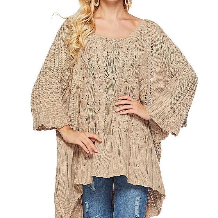 Damen Grobstrick-Poncho mit modischem Zopfmuster und weiten Ärmeln Drune