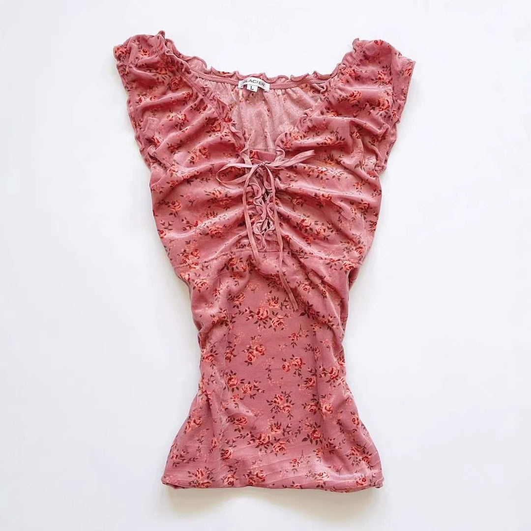 Damen Spitzenshirt mit Raffung und floralem Muster Drune