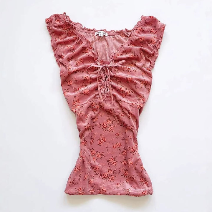 Damen Spitzenshirt mit Raffung und floralem Muster Drune