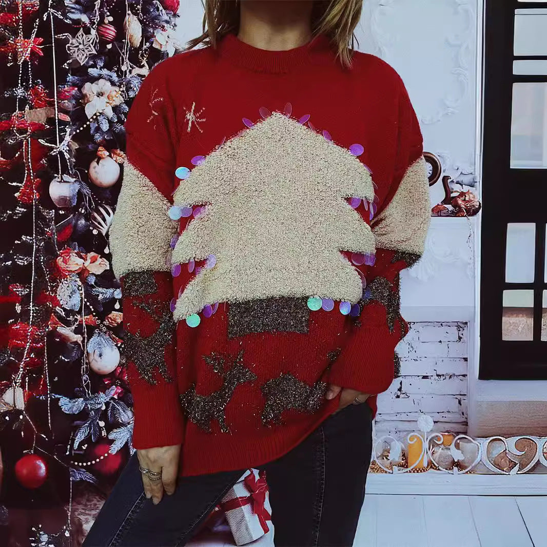 Damen festlicher Pullover mit weihnachtlichem Motiv und Glitzerapplikationen Drune