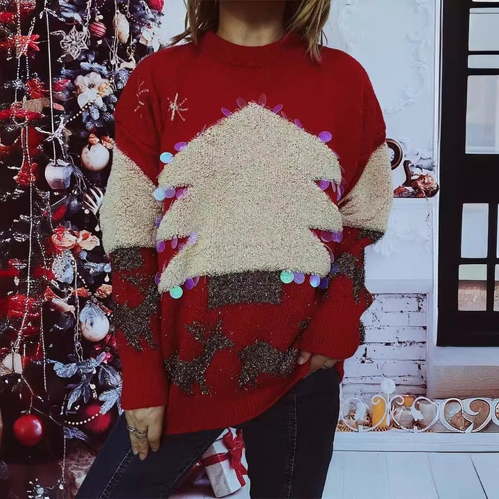 Damen festlicher Pullover mit weihnachtlichem Motiv und Glitzerapplikationen Drune