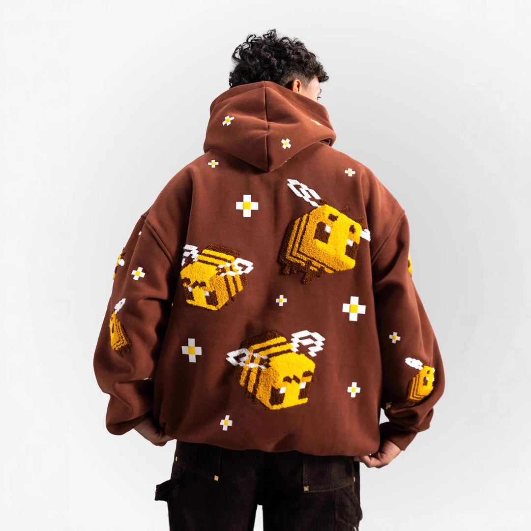 Unisex nan Kapuzenpullover mit eingestricktem Pixel-Bienenmotiv und aufgesetzter Kängurutasche Drune
