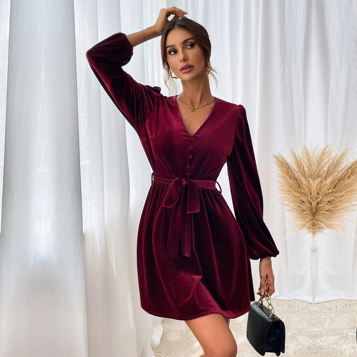 Damen Samtkleid mit tiefem V-Ausschnitt und Taillengürtel Drune