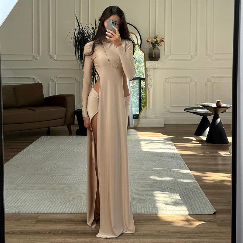 Damen Elegantes Maxikleid mit schmalem Schnitt und hohen Schlitzen Drune