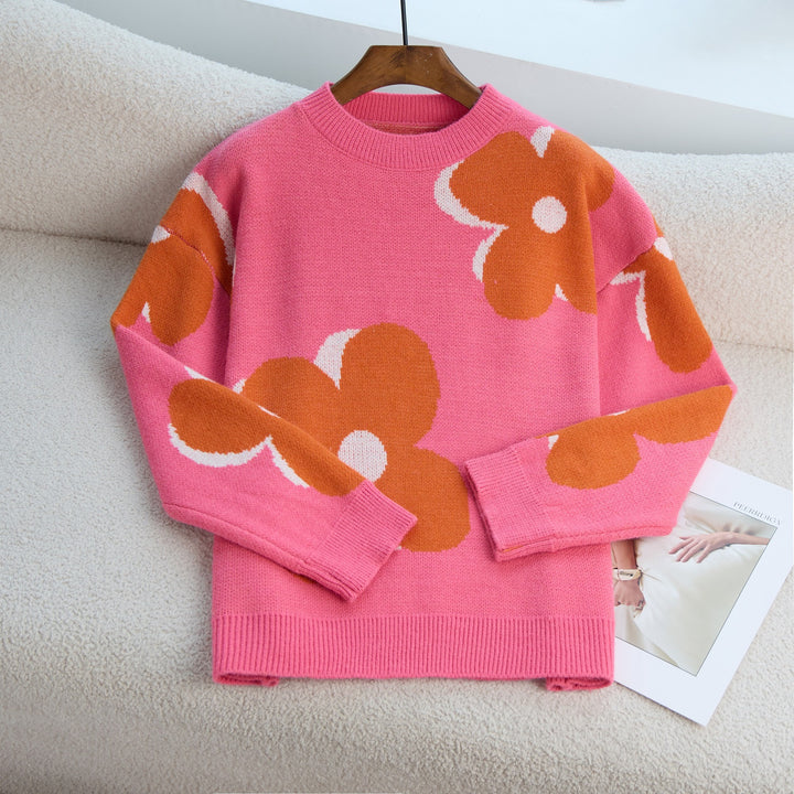 Damen Pullover mit floralem Muster und klassischem Rundhalsausschnitt Drune