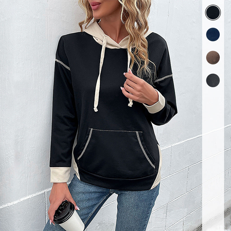 Damen lässiger Kapuzenpullover mit seitlichen Taschen und kontrastierenden Ärmeln Drune