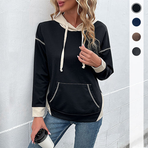 Damen lässiger Kapuzenpullover mit seitlichen Taschen und kontrastierenden Ärmeln Drune
