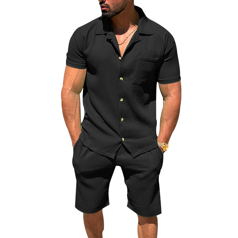 Herren nan lässiges zweiteiliges Freizeitset aus geripptem Jersey mit Hemdkragen Knopfleiste und Shorts Drune