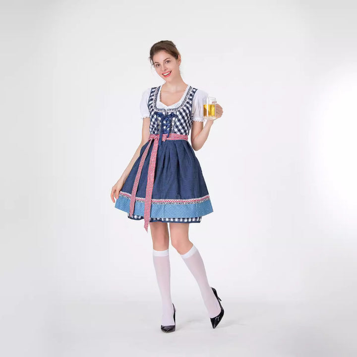 Damen nan traditionelles Trachten-Minikleid mit kariertem Schnürmieder, Puffärmelbluse und dekorativer Schürze Drune