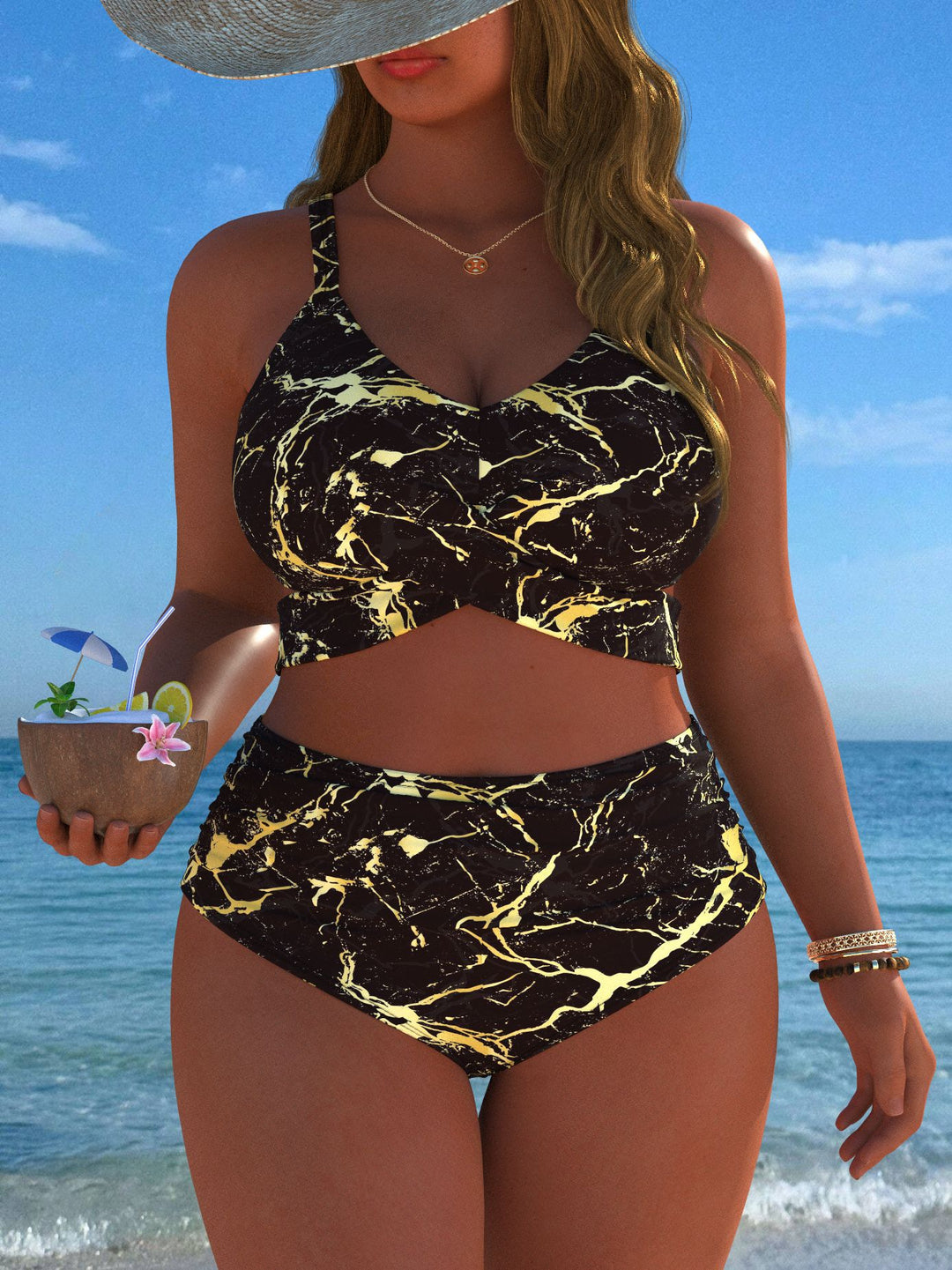 Damen Bikini-Set mit stylischem Marmormuster und hohem Taillenschnitt Drune