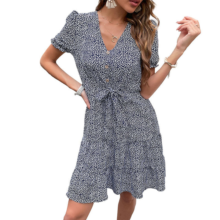 Damen verspieltes Blümchenkleid mit Knopfleiste und taillierbarem Gürtel Drune