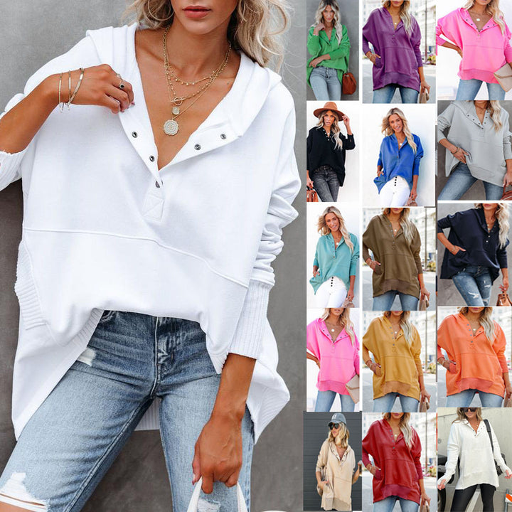 Damen Oversized Kapuzenpullover mit Knopfleiste und seitlichen Eingrifftaschen Drune