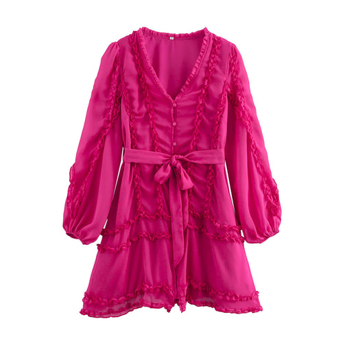 Damen verspieltes Minikleid mit Rüschendetails und Taillengürtel Drune