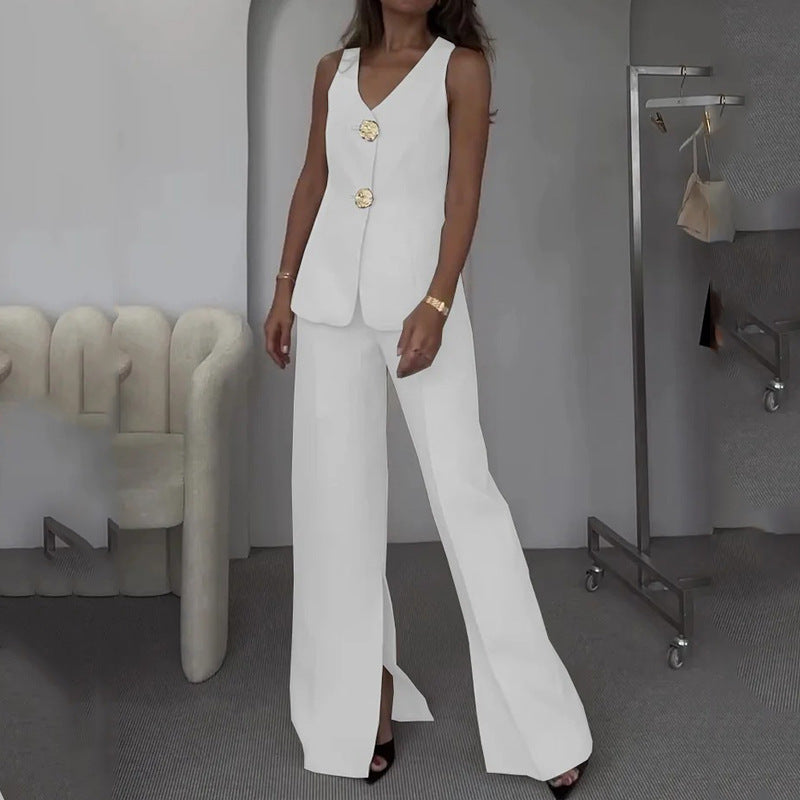 Damen Elegantes Zweiteiliges Set mit V-Ausschnitt und dekorativen Knöpfen Drune