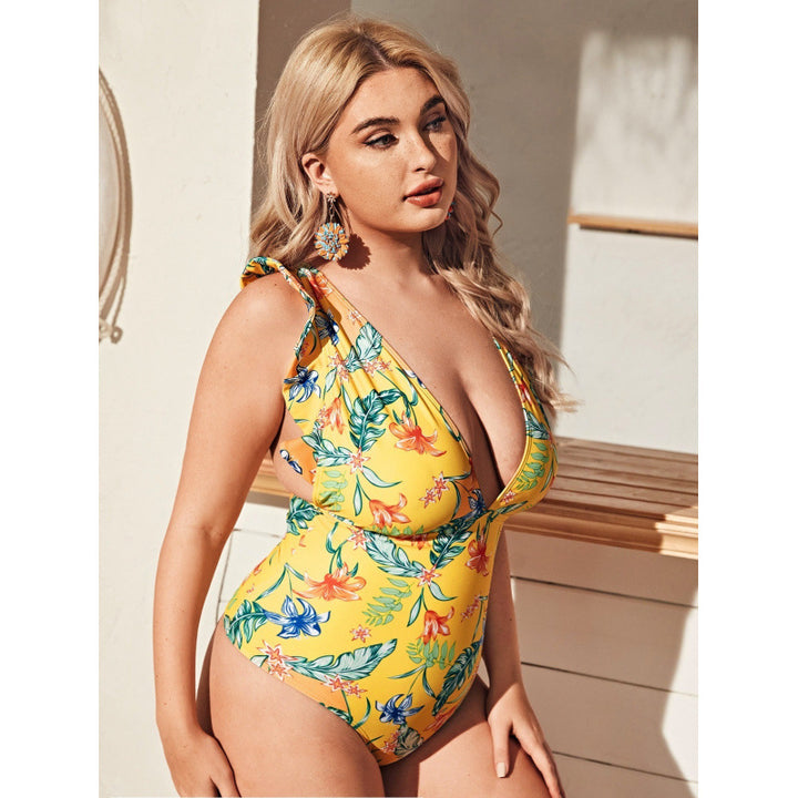 Damen Einteiler Badeanzug mit floralem Design und raffinierten Rüschendetails Drune