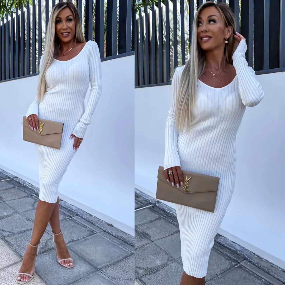 Damen elegantes, figurbetontes Strickkleid mit V-Ausschnitt Drune