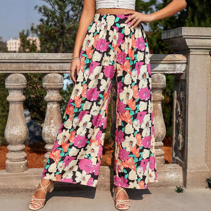 Damen luftige Palazzo-Hose mit buntem Blumenmuster und elastischem Taillenbund Drune