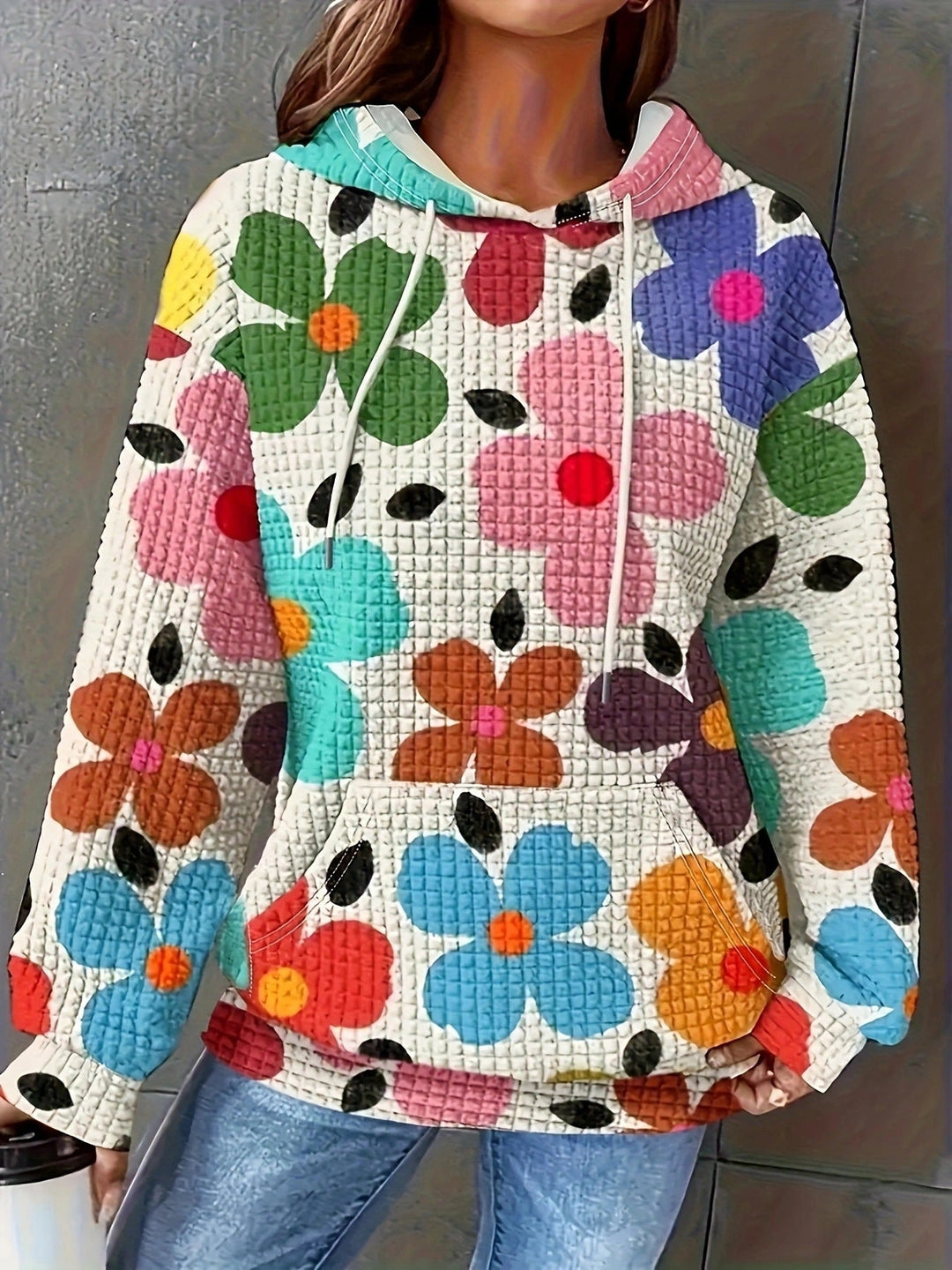 Damen lockerer Kapuzenpullover mit farbenfrohem Blumendesign Drune