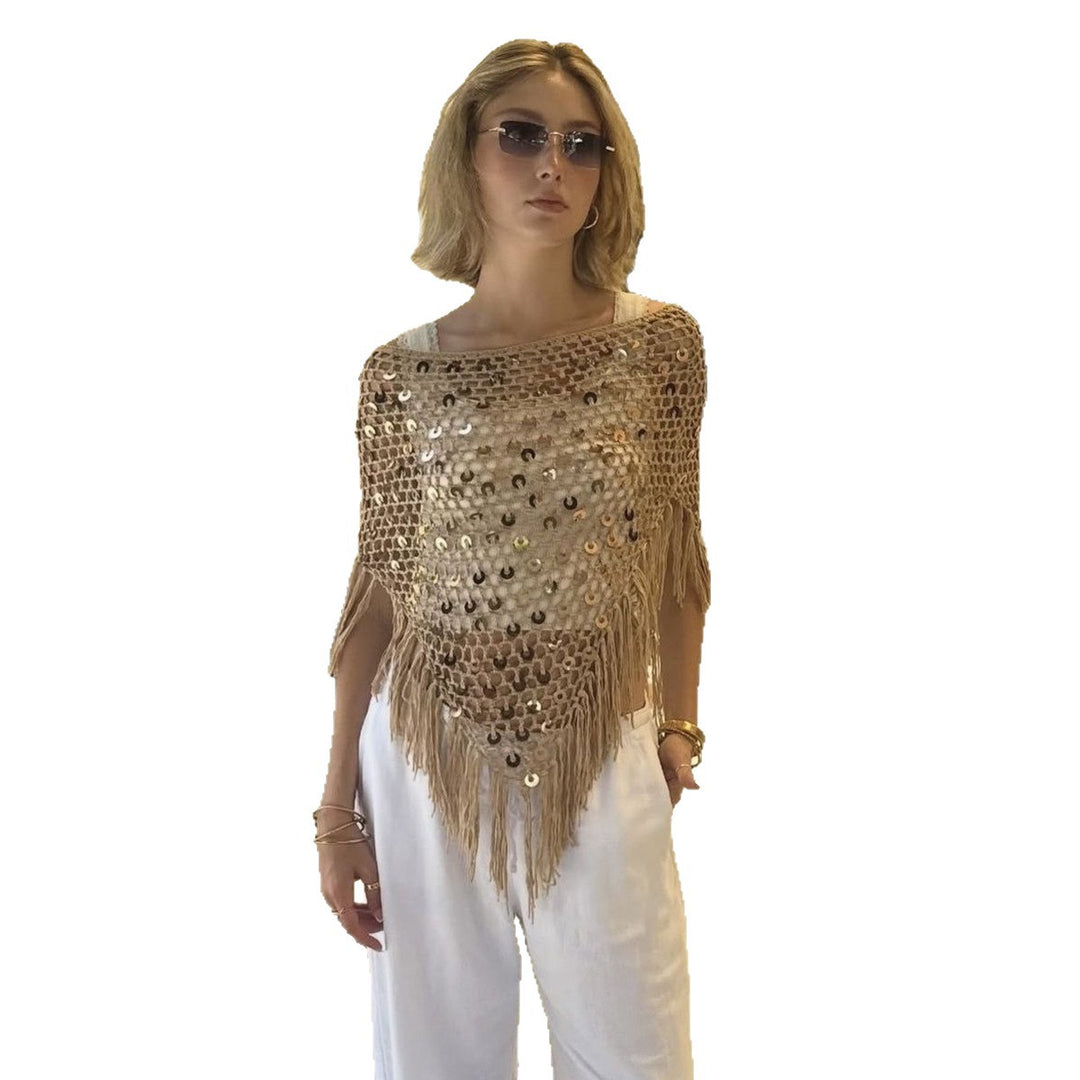 Damen dekorativer Spitzen-Poncho mit eleganten Pailletten und Fransen Drune