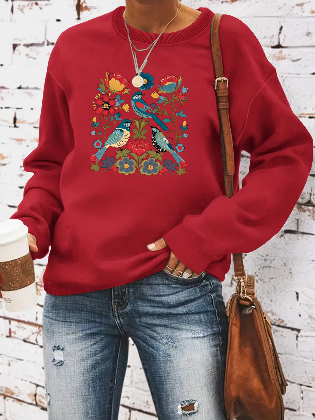 Damen Sweatshirt mit floralem Vogelmotiv und lässigem Schnitt Drune