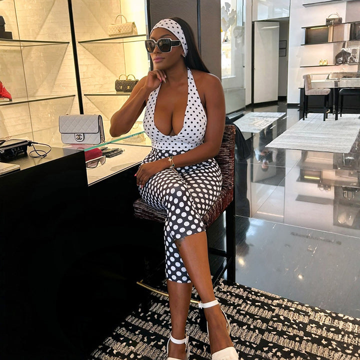 Damen Polka-Dot Jumpsuit mit tiefem V-Ausschnitt und elastischem Material Drune