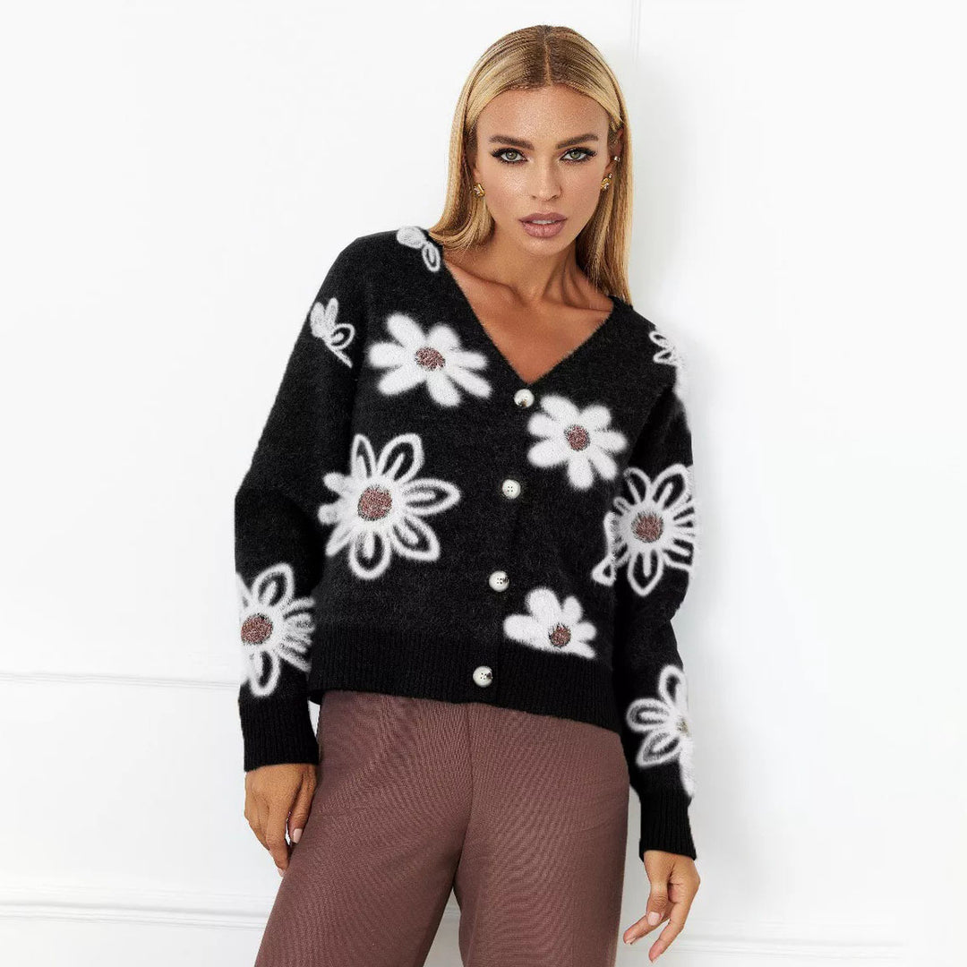 Damen Gemusterte Strickjacke mit floralen Motiven und Knopfverschlüssen Drune