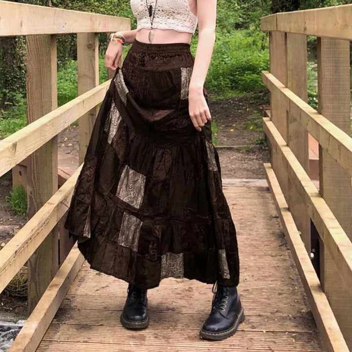 Damen Maxirock mit floralen Patchwork-Mustern und voluminösem Saum Drune