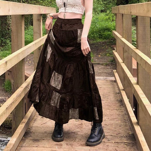 Damen Maxirock mit floralen Patchwork-Mustern und voluminösem Saum Drune