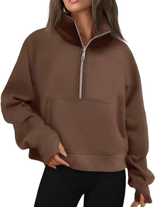 Damen nan oversized Sweatshirt mit halbem Reißverschluss Kängurutasche und Daumenlöchern Drune