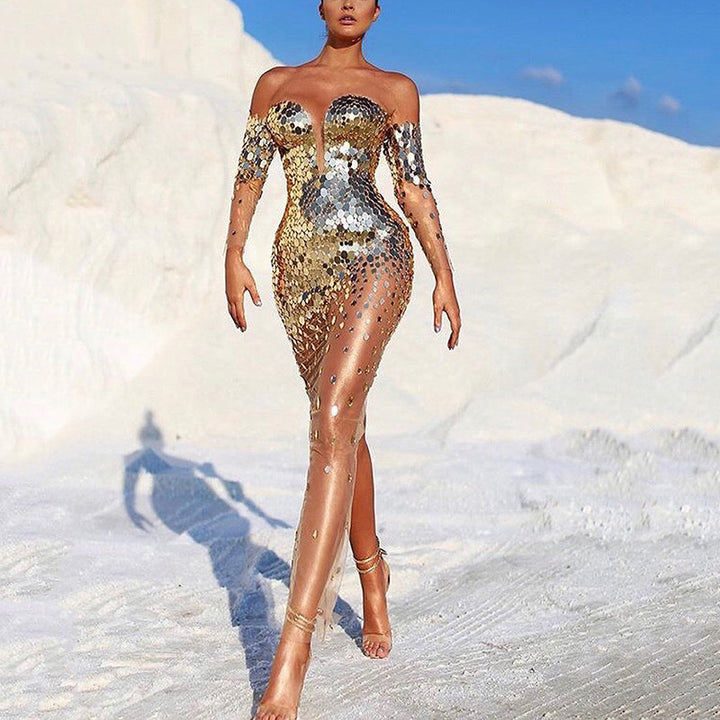 Damen Glamouröses Partykleid mit Pailletten und tiefem Ausschnitt Drune