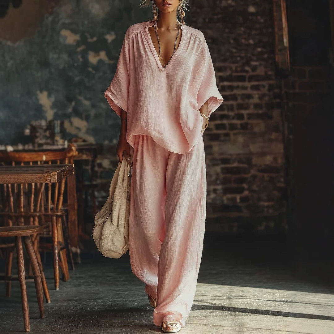 Damen nan lässiges zweiteiliges Leinenoptik-Set mit tiefem V-Ausschnitt, Oversize-Bluse und weitem Palazzo-Hosen Drune