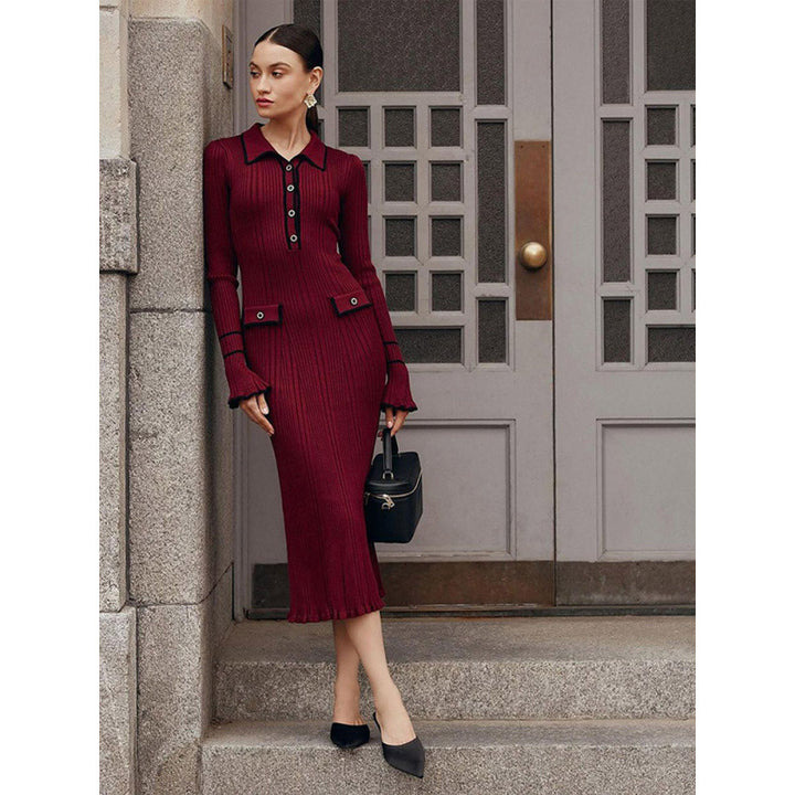 Damen Elegantes Strickkleid mit Kragen und Knopfdetails Drune