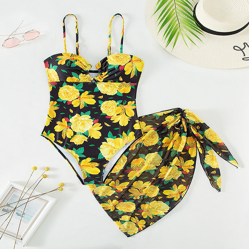 Damen Einteiliger Badeanzug mit floralem Design und passendem Wickelrock Drune