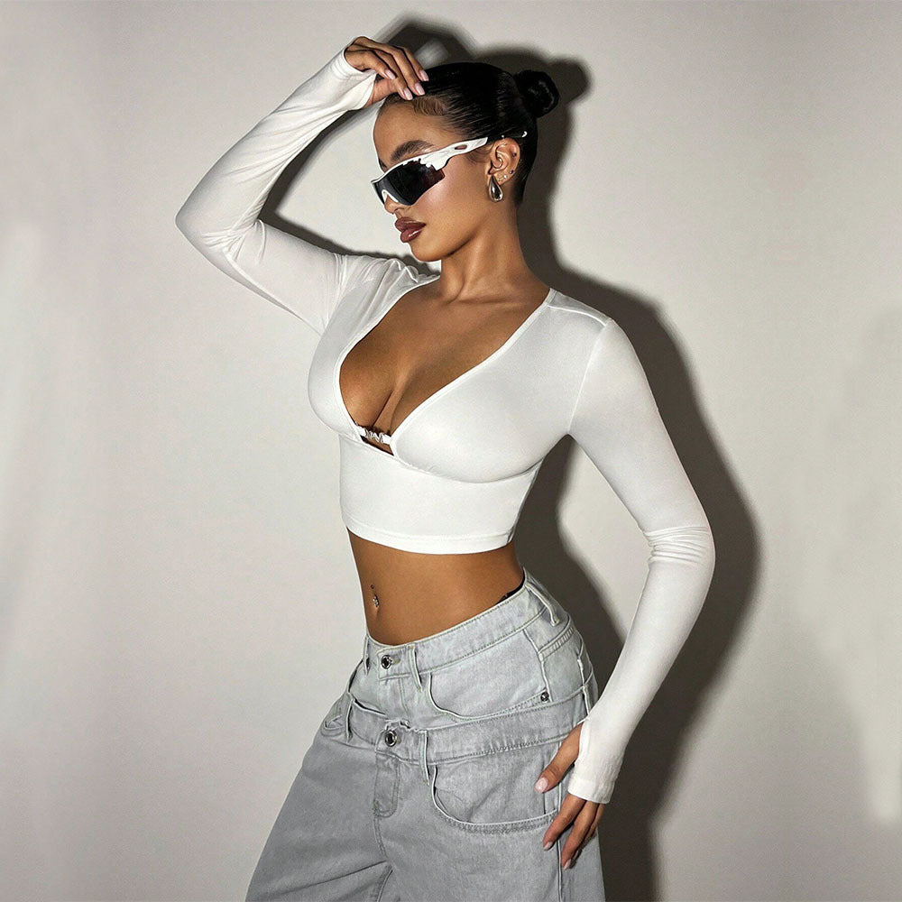 Damen cropped Langarmtop mit tiefem V-Ausschnitt und dekorativer Schnalle Drune