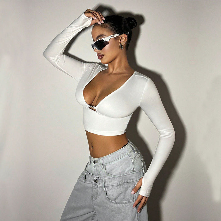 Damen cropped Langarmtop mit tiefem V-Ausschnitt und dekorativer Schnalle Drune