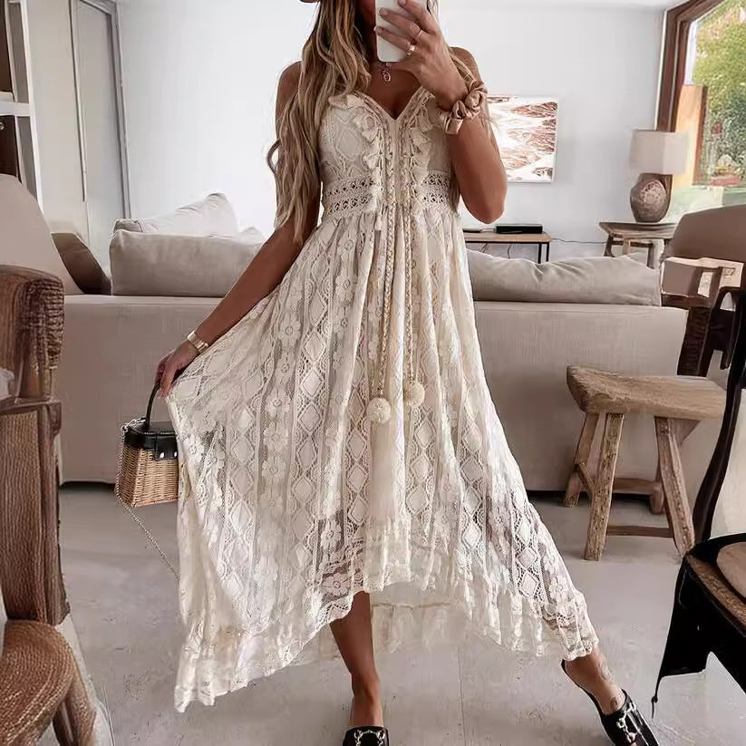 Damen luftiges Maxikleid mit kunstvoller Spitze und Rüschendetails Drune