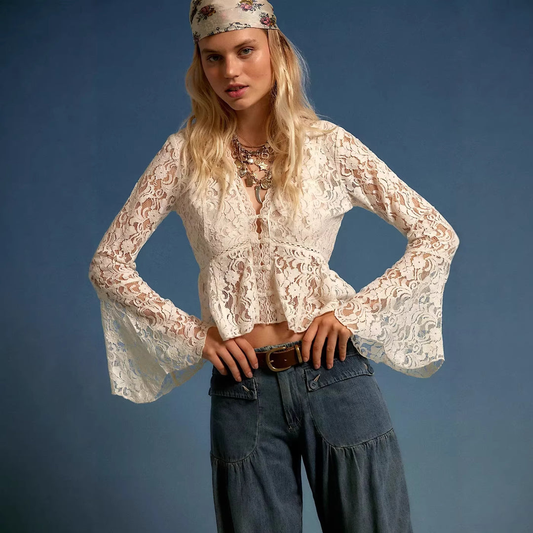 Damen Spitzenbluse im romantischen Design mit weitem Arm Drune