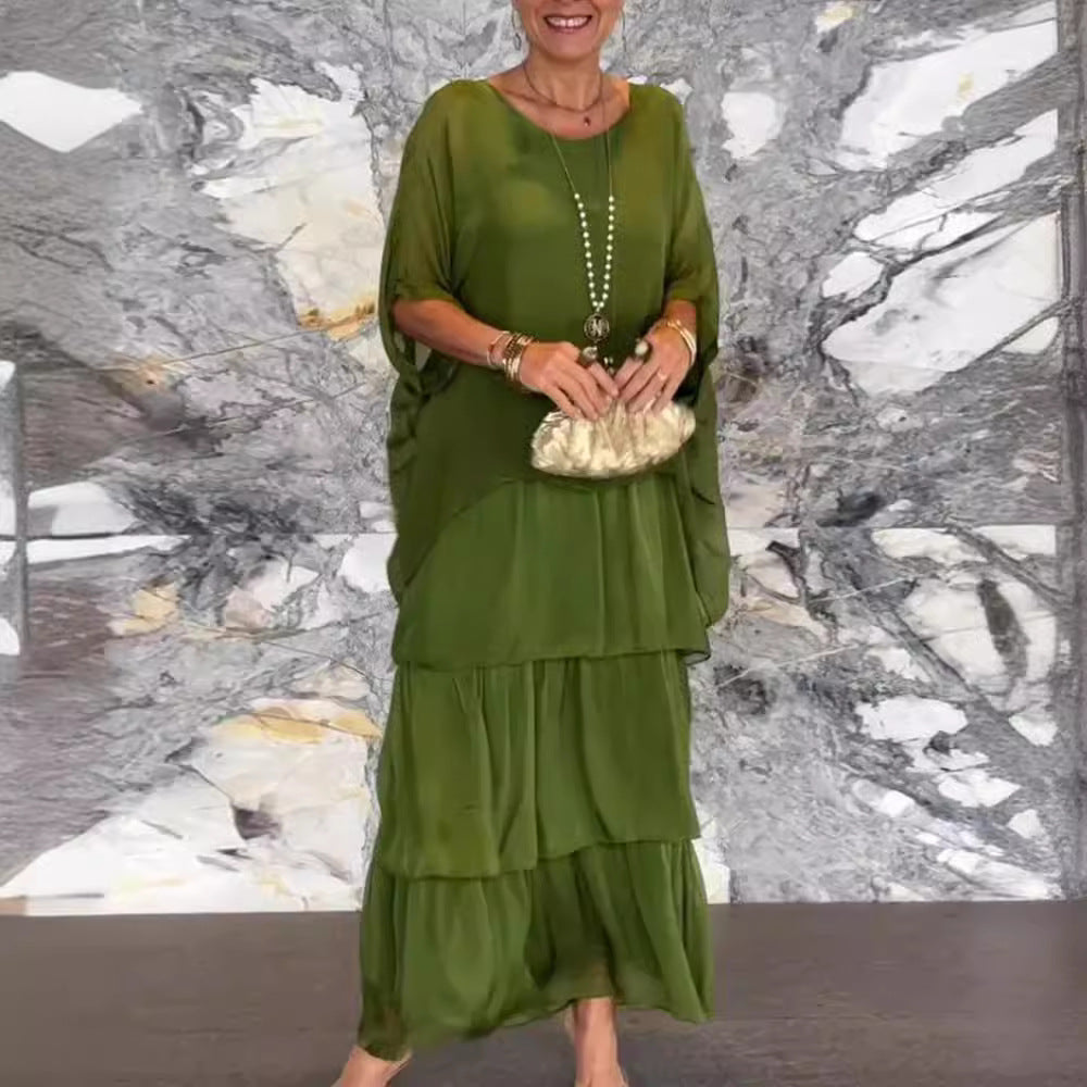 Damen nan bodenlanges Stufenkleid mit weiten Fledermausärmeln und lockerer Silhouette Drune