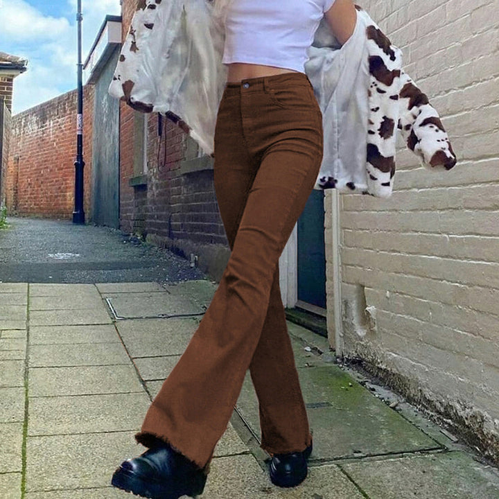 Damen klassische Bootcut-Jeans mit fransigem Saum und hohem Bund Drune