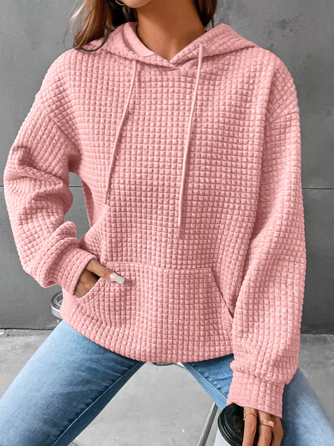 Damen Waffelstruktur Kapuzenpullover mit Kängurutasche und lässigem Schnitt Drune
